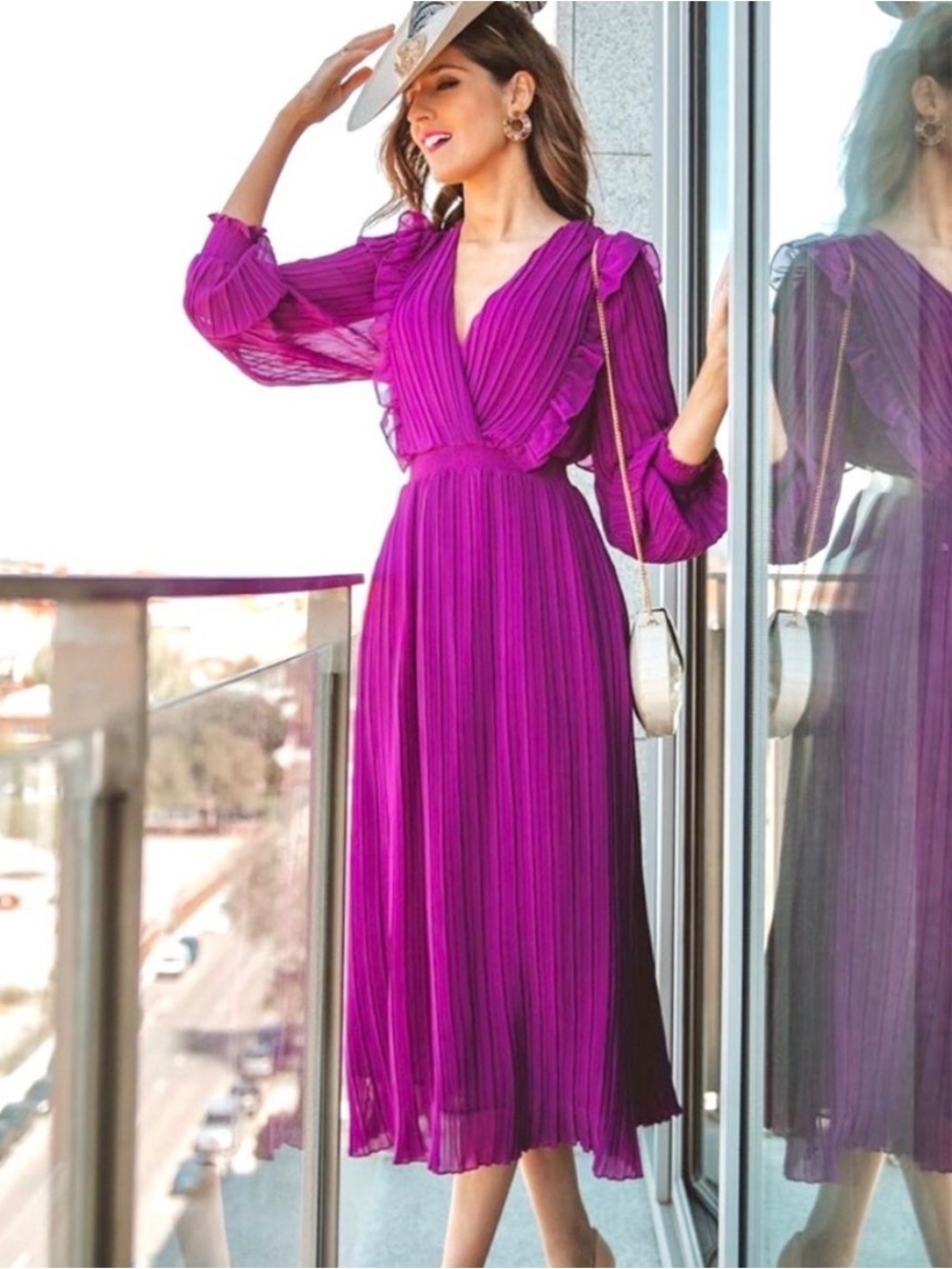 NWT Zara Fuchsia Pleated Midi Dress with Ruffle Trim